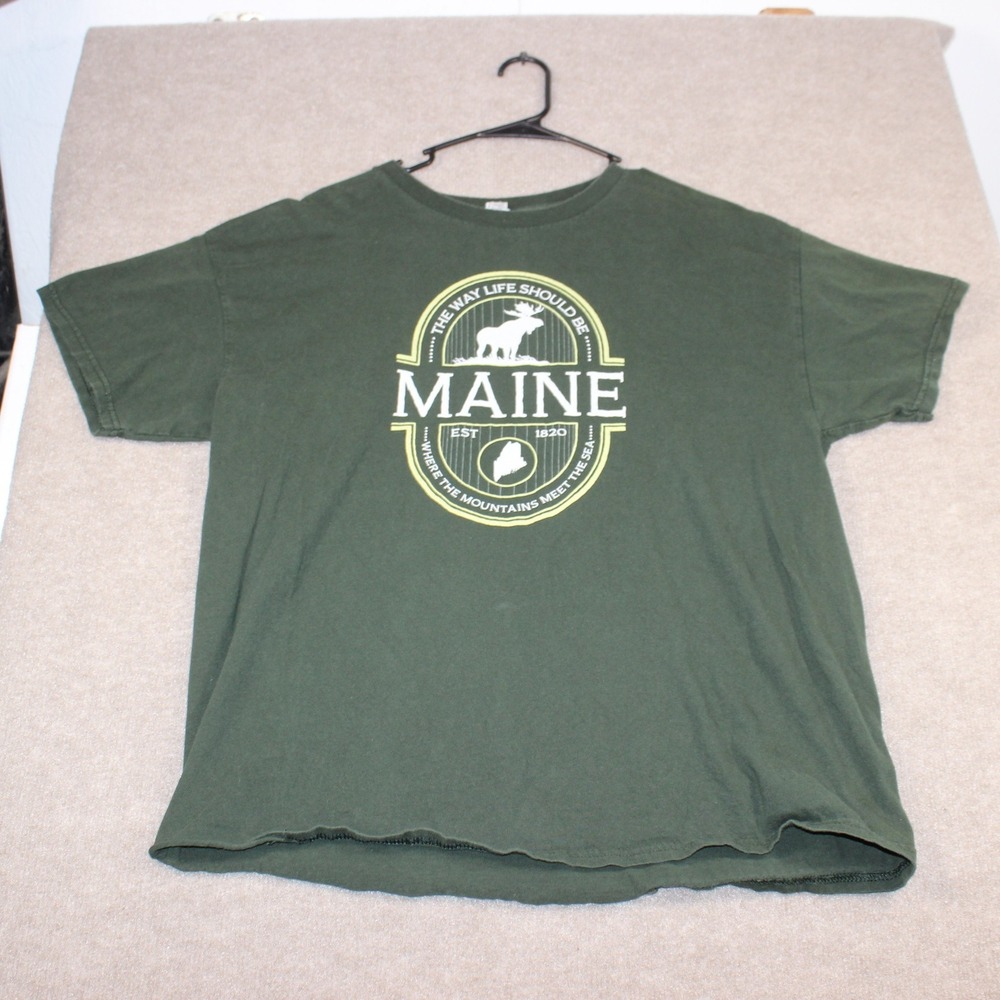 Gildan Maine The Way Life Should Be Graphic T-Shirt Green Moose Souvenir Mens L